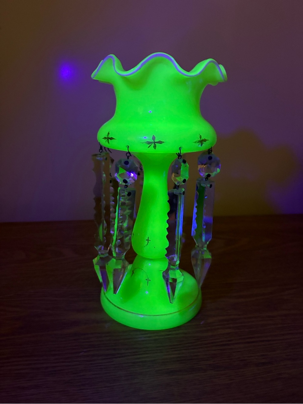 Vintage | Uranium Glass Lustre Vase / Mantle Lustre w/ Crystal Prisms